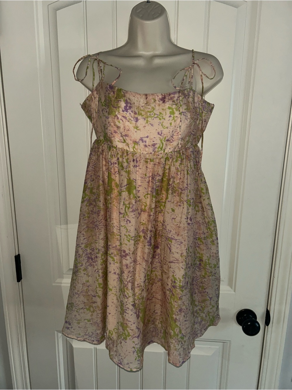 NEW Astr Pink Tie-Strap Mini Dress with Green & Purple Floral Print Sz L